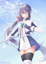 Rule 34 | 1girl, ahoge, akebono (kancolle), black thighhighs, blue gloves, blush, closed mouth, fuji speedway, gloves, hair between eyes, hair ribbon, highres, hiiro yuya, jacket, kantai collection, long hair, long sleeves, official alternate costume, open clothes, open jacket, pink ribbon, purple eyes, purple hair, race queen, ribbon, side ponytail, solo, thighhighs, twitter username, white gloves, white jacket