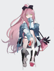 Rule 34 | bag, black bow, black eyes, blue jacket, bow, can, character request, check character, check copyright, closed mouth, commentary, copyright request, drink can, english commentary, full body, green eyes, grey background, hair bow, hanabusa kokoro, hand on own chin, hand up, highres, holding, holding can, i-chu, jacket, long hair, looking at viewer, off shoulder, panties, panty peek, pink bag, pink hair, ponytail, shirt, shoes, shoulder bag, simple background, sitting, sleepless (wrysmile), sleeves past fingers, sleeves past wrists, sneakers, socks, soda can, solo, stuffed animal, stuffed rabbit, stuffed toy, underwear, untied shoe, white panties, white shirt, white socks