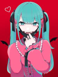 Rule 34 | 1girl, black bow, blue eyes, blue hair, blunt bangs, blush, bow, center frills, collared shirt, commentary request, ear chain, ear spike, earrings, fangs, frilled shirt collar, frilled sleeves, frills, hair between eyes, hair bow, hair ornament, hatsune miku, heart, heart hair ornament, heart stickers, highres, jewelry, long hair, long sleeves, looking at viewer, mask, mask pull, medium bangs, mole, mole under eye, mouth mask, multicolored hair, multiple earrings, open mouth, pink hair, pink shirt, red background, ring, shirt, simple background, smile, solo, streaked hair, twintails, upper body, uziki ntoki, vampire (vocaloid), vocaloid