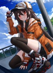 Rule 34 | 1girl, absurdres, black nails, black shorts, black thighhighs, brown hair, fingerless gloves, flower, flower-shaped pupils, genshin impact, gloves, hair between eyes, hat, highres, hu tao (genshin impact), jacket, long hair, long sleeves, looking at viewer, midriff, multicolored clothes, multicolored hat, navel, orange jacket, red eyes, roller skates, shoes, shorts, skates, skym (kumei), smile, solo, symbol-shaped pupils, teeth, thighhighs, very long hair, white hat