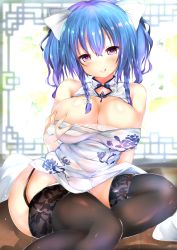 Rule 34 | 1girl, :q, arm support, azur lane, bare arms, bare shoulders, black thighhighs, blue hair, blue ribbon, blush, bow, braid, breasts, bridal gauntlets, china dress, chinese clothes, cleavage, cleavage cutout, closed mouth, clothing cutout, collarbone, commentary request, deep skin, dress, garter straps, grabbing own breast, hair between eyes, hair bow, hair ornament, hair ribbon, half-closed eyes, highres, large breasts, licking lips, long hair, looking at viewer, mutou mame, naughty face, no panties, no shoes, pelvic curtain, purple eyes, ribbon, seductive smile, shiny skin, sitting, sleeveless, sleeveless dress, smile, solo, st. louis (azur lane), st. louis (blue and white pottery) (azur lane), thighhighs, tongue, tongue out, tress ribbon, twin braids, two side up, white bow, white dress, white ribbon, wide hips, yokozuwari