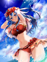 Rule 34 | 1girl, armpits, arms up, bare shoulders, beach, bikini, blue eyes, blue hair, breasts, capelet, closed mouth, cowboy shot, day, dutch angle, fire emblem, fire emblem: the binding blade, fire emblem heroes, flower, flower wreath, gluteal fold, hair flower, hair ornament, head wreath, hibiscus, highres, lens flare, lilina (fire emblem), lilina (summer) (fire emblem), long hair, looking at viewer, medium breasts, navel, nekolook, nintendo, ocean, outdoors, red bikini, red bikinoi, red flower, sky, smile, solo, sparkle, stomach, sun, sunlight, swimsuit, waist cape, water