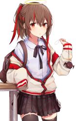Rule 34 | 1girl, arm support, backpack, bag, black bow, black cola, black skirt, black thighhighs, blush, bow, brown hair, closed mouth, collared shirt, dress shirt, hair between eyes, halo, highres, holding, jacket, long hair, looking at viewer, multicolored hair, off shoulder, open clothes, open jacket, original, pleated skirt, red eyes, red hair, shirt, simple background, skirt, solo, streaked hair, table, thighhighs, white background, white shirt