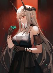 Rule 34 | 1girl, arknights, bare shoulders, black dress, black gloves, breasts, commentary, detached sleeves, dress, flower, gloves, green flower, hair between eyes, hand up, highres, holding, holding flower, horns, jewelry, kernel killer, large breasts, long hair, mudrock (arknights), mudrock (obsidian) (arknights), necklace, official alternate costume, pointy ears, red eyes, short sleeves, sleeveless, sleeveless dress, solo, upper body, very long hair, white hair