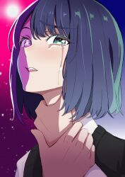Rule 34 | 1girl, absurdres, black sweater vest, blue eyes, blue hair, blush, collared shirt, commentary, commentary request, crying, crying with eyes open, english commentary, gradient hair, hand on own neck, highres, kinomiki, kurokawa akane, light blue hair, light particles, long sleeves, looking at viewer, mixed-language commentary, multicolored hair, open mouth, oshi no ko, purple eyes, purple hair, school uniform, shade, shirt, short hair, solo, split theme, strangling, sweater vest, tears, teeth, two-tone background, upper body, upper teeth only, white shirt