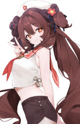 Rule 34 | 1girl, black nails, black shorts, brown hair, flower, flower-shaped pupils, genshin impact, hair flower, hair ornament, hat, highres, hu tao (genshin impact), long hair, looking at viewer, plum blossoms, red eyes, shorts, symbol-shaped pupils, tkt (tango 0906), twintails, v, white background