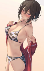 Rule 34 | 1girl, animal print, bikini, black hair, blush, breasts, cleavage, closed mouth, cow print, from side, full-face blush, gradient background, hair between eyes, highres, jacket, medium breasts, navel, original, pallad, purple eyes, removing jacket, short hair, simple background, solo, strap gap, swimsuit, track jacket