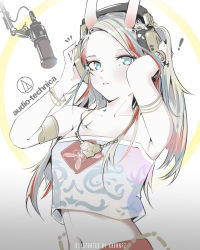 Rule 34 | !, 1girl, ^^^, a deer of nine colors, absurdres, antlers, arknights, armlet, armpits, arms up, bandeau, blue eyes, blue hair, bracelet, collarbone, deer antlers, forehead, headphones, highres, horns, jewelry, khrnnfz, long hair, looking at viewer, microphone, multicolored hair, navel, necklace, nine-colored deer, parted lips, red hair, silver hair, solo, stomach, topless, two-tone background, upper body, very long hair, white background