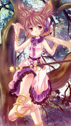 Rule 34 | 1girl, anklet, barefoot, barefoot sandals (jewelry), bracelet, brown eyes, brown hair, earmuffs, feet, female focus, foot focus, in tree, jewelry, motatei, ritual baton, sash, scabbard, sheath, sheathed, sitting, sleeveless, soles, solo, sword, toes, touhou, toyosatomimi no miko, tree, weapon