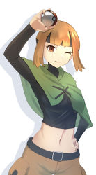 Rule 34 | 1girl, absurdres, arm up, belt, black belt, black hair, black shirt, blunt bangs, breasts, brown shorts, capelet, commentary request, cowboy shot, creatures (company), crop top, cropped shirt, drop shadow, game freak, gardenia (pokemon), green capelet, hand on own hip, highres, holding, holding poke ball, looking at viewer, mango (hebimango), medium breasts, midriff, multicolored hair, navel, nintendo, one eye closed, orange eyes, orange hair, parted lips, partial commentary, poke ball, poke ball (basic), pokemon, pokemon dppt, shadow, shirt, short hair, shorts, sidelocks, simple background, smile, solo, standing, two-tone hair, white background