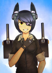 Rule 34 | 10s, 1girl, absurdres, black gloves, blush, breasts, eyepatch, fingerless gloves, gloves, highres, jacy, jewelry, kantai collection, large breasts, looking at viewer, parted lips, purple hair, ring, short hair, smile, solo, teeth, tenryuu (kancolle), yellow eyes