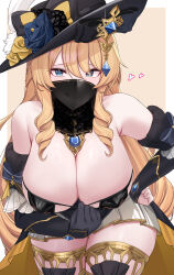 Rule 34 | 1girl, :q, absurdres, bare shoulders, black headwear, blonde hair, blue eyes, breasts, cleavage, commentary, cowboy shot, detached sleeves, dress, genshin impact, highres, kanta (kanta 077), large breasts, leaning forward, long hair, long sleeves, looking at viewer, mouth veil, navia (genshin impact), smile, solo, standing, strapless, strapless dress, thighhighs, thighlet, thighs, tongue, tongue out, veil, very long hair, zettai ryouiki