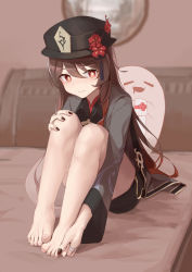 Rule 34 | 1girl, absurdres, barefoot, bed sheet, black headwear, black nails, black shorts, blush, brown hair, closed eyes, flower, full body, genshin impact, ghost, highres, hu tao (genshin impact), jewelry, long hair, long sleeves, nail polish, on bed, open mouth, painnico, plum blossoms, ring, shorts, smile, toenails, toes
