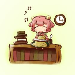 Rule 34 | 1girl, :d, apron, bell, bird, blush, book, character name, checkered clothes, checkered shirt, chibi, chick, clock, closed eyes, clothes writing, cup, desk, female focus, gastkrake, gasuto (kamikami), hair bell, hair ornament, motoori kosuzu, music, musical note, on desk, open book, open mouth, pink hair, red hair, shirt, short hair, simple background, singing, sitting, on desk, skirt, smile, solo, steam, touhou, twintails, two side up
