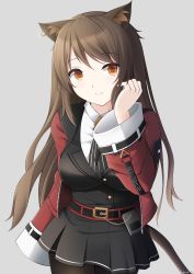 Rule 34 | 1girl, animal ear fluff, animal ears, arknights, belt, belt buckle, black belt, black pantyhose, black skirt, black vest, blush, breasts, brown eyes, brown hair, buckle, cat ears, cat girl, cat tail, closed mouth, collared shirt, commentary request, ear piercing, grey background, hand up, highres, jacket, keenh, long hair, long sleeves, looking at viewer, medium breasts, open clothes, open jacket, pantyhose, piercing, pleated skirt, red jacket, shirt, simple background, skirt, skyfire (arknights), smile, solo, tail, very long hair, vest, white shirt