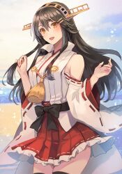 Rule 34 | 1girl, :d, black hair, black thighhighs, brown eyes, commentary request, detached sleeves, hair between eyes, hair ornament, hairclip, hakama, hakama short skirt, hakama skirt, hands up, haruna (kancolle), haruna kai ni (kancolle), headgear, highres, japanese clothes, kantai collection, kasumi (skchkko), long hair, looking at viewer, nontraditional miko, ocean, open mouth, outdoors, pleated skirt, red hakama, ribbon-trimmed sleeves, ribbon trim, skirt, smile, solo, thighhighs, wide sleeves