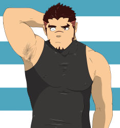 Rule 34 | &gt; o, 1boy, absurdres, akashi (live a hero), arm behind head, armpit peek, armpits, bad id, bad pixiv id, bara, casual, covered erect nipples, facial hair, goatee, highres, hoke, live a hero, long sideburns, male focus, muscular, muscular male, one eye closed, pectorals, red eyes, red hair, scar, scar on face, scar on nose, shirt, short hair, sideburns, sidepec, sleeveless, sleeveless shirt, solo, taut clothes, taut shirt, upper body