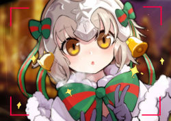 Rule 34 | 1girl, bell, black gloves, blurry, blurry background, blush, bow, brown eyes, capelet, chestnut mouth, christmas, commentary request, depth of field, double v, fate/grand order, fate (series), fur-trimmed capelet, fur trim, gloves, green bow, green ribbon, headpiece, highres, jeanne d&#039;arc (fate), jeanne d&#039;arc alter santa lily (fate), kiyomasa ren, leaning to the side, looking at viewer, parted lips, ribbon, solo, sparkle, striped bow, striped ribbon, v, viewfinder, white capelet