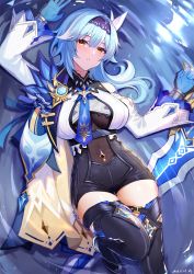 Rule 34 | 1girl, arm up, blue hair, blue neckwear, blush, bodystocking, breasts, cape, center opening, eula (genshin impact), genshin impact, gloves, hairband, half-closed eyes, highres, large breasts, leotard, long sleeves, looking at viewer, parted lips, partially submerged, thighhighs, vambraces, wangqi, water, wide sleeves, yellow eyes