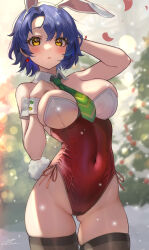 Rule 34 | 1girl, animal ears, bare shoulders, between breasts, blue hair, blurry, blurry background, blush, breasts, c (theta), christmas tree, closed mouth, commentary, covered navel, cowboy shot, detached collar, earrings, fake animal ears, gluteal fold, hand in own hair, hand on own chest, highleg, highleg leotard, highres, idolmaster, idolmaster million live!, jewelry, large breasts, leotard, light frown, looking at viewer, necktie, parted bangs, playboy bunny, rabbit ears, rabbit tail, red leotard, short hair, signature, skin tight, skindentation, solo, strapless, strapless leotard, tail, thigh gap, thighhighs, thighs, toyokawa fuka, wrist cuffs, yellow eyes