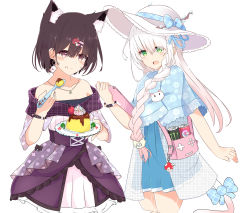 Rule 34 | 2girls, animal ear fluff, animal ears, bag, bare shoulders, black hair, blue bow, blue capelet, blue dress, blue ribbon, blush, bow, braid, brown eyes, can, capelet, cat tail, closed mouth, collarbone, commentary request, dress, energy drink, eyes visible through hair, fang, floral print, food, food-themed hair ornament, food on face, frilled dress, frills, gradient hair, green eyes, hair between eyes, hair ornament, hair over shoulder, hair ribbon, hairclip, hand up, hat, hat bow, highres, holding, holding plate, holding spoon, jewelry, licking lips, long hair, mario (series), monster energy, multicolored hair, multiple girls, mushroom hair ornament, necklace, nekoyanagi (azelsynn), nintendo, off-shoulder dress, off shoulder, open mouth, original, pink hair, plaid, plaid bow, plate, pleated dress, print capelet, pudding, purple dress, ribbon, short hair, short sleeves, shoulder bag, simple background, smile, spoon, sun hat, super mushroom, tablet pc, tail, tail bow, tail ornament, tongue, tongue out, unmoving pattern, very long hair, white background, white hair, white headwear