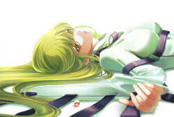 Rule 34 | 1girl, absurdres, blurry, bodysuit, breasts, c.c., code geass, depth of field, from side, gem, green hair, highres, long hair, looking at viewer, lying, medium breasts, on back, parted lips, simple background, solo, suspenders, upper body, white background, white bodysuit, yellow eyes, youlitai