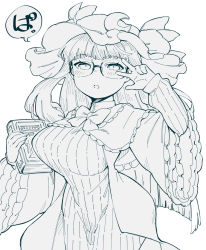 Rule 34 | 1girl, :o, arm up, bespectacled, blunt bangs, blush, book, breasts, crescent, daitai konna kanji, dress, glasses, greyscale, hand up, hat, highres, holding, holding book, large breasts, long hair, looking at viewer, mob cap, monochrome, open mouth, patchouli knowledge, simple background, solo, touhou, v over eye