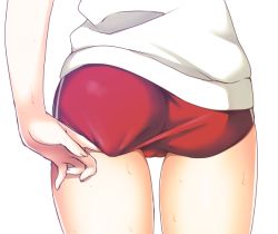 Rule 34 | 1girl, adjusting buruma, adjusting clothes, arm behind back, ass, ass focus, buruma, fate/apocrypha, fate/grand order, fate (series), from behind, gym uniform, jeanne d&#039;arc (fate), jeanne d&#039;arc (ruler) (fate), lower body, mori marimo, shirt, simple background, skin tight, solo, standing, thighs, white background, white shirt