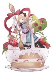 Rule 34 | 1girl, absurdres, alice (alice in wonderland), alice in wonderland, animal bag, black bow, black bowtie, black footwear, blonde hair, blue eyes, bow, bowtie, bush, cake, commentary, dress, flower, food, fork, frilled dress, frills, fruit, full body, gloves, hair bow, highres, holding, holding fork, licking lips, long hair, looking at viewer, mary janes, najimaru, paint, paint splatter, paint splatter on face, pantyhose, plate, puffy short sleeves, puffy sleeves, rabbit bag, red flower, red rose, rose, shoes, short sleeves, solo, strawberry, striped clothes, striped pantyhose, symbol-only commentary, thorns, tongue, tongue out, white bag, white bow, white flower, white gloves, white rose