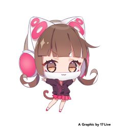 Rule 34 | 1girl, :3, animal ear headphones, animal ears, big head, blunt bangs, brown eyes, brown hair, brown jacket, cat ear headphones, cat ears, cat girl, cat mask, cat tail, chano hinano, chibi, copyright request, double v, fake animal ears, full body, headphones, highres, jacket, long hair, mask, mouth mask, official art, outstretched arms, pink footwear, pink skirt, pleated skirt, simple background, skirt, socks, solo, spread arms, tail, v, v-shaped eyebrows, white background, white socks