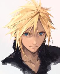 Rule 34 | 1boy, black shirt, blonde hair, blue eyes, closed mouth, cloud strife, collarbone, commentary request, final fantasy, final fantasy vii, final fantasy vii advent children, hair between eyes, kiki lala, looking at viewer, male focus, popped collar, portrait, shirt, short hair, solo, spiked hair, upper body, zipper