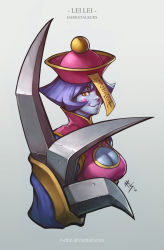 Rule 34 | 1girl, blue skin, blush stickers, breasts, character name, chinese clothes, claws, cleavage, cleavage cutout, clothing cutout, colored skin, copyright name, dated, flipped hair, grey background, hat, highres, jiangshi, large breasts, lei lei, ofuda, one eye covered, pink hat, purple hair, qingdai guanmao, red eyes, richard suwono, short hair, simple background, solo, upper body, vampire (game), watermark, web address