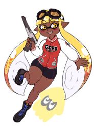 Rule 34 | 1girl, bike shorts, blonde hair, boots, cross-laced footwear, dark skin, fangs, goggles, goggles on head, highres, inkling player character, jacket, lace-up boots, letterman jacket, mask, n-zap &#039;85 (splatoon), nintendo, sidelocks, simple background, smile, squid, thick thighs, thighs, white background, yellow kirby