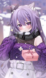 Rule 34 | 1girl, absurdres, bare shoulders, belt buckle, black ribbon, blush, box, braid, breasts, buckle, casual, cleavage, clothing cutout, cone hair bun, day, genshin impact, gift, gift box, hair bun, hair ribbon, high-waist skirt, highres, holding, holding gift, keqing (genshin impact), keqing (lantern rite) (genshin impact), long hair, long sleeves, nagata gata, official alternate costume, outdoors, purple eyes, purple hair, purple sweater, ribbon, shoulder cutout, skirt, sleeves past wrists, smile, snowing, solo, sweater, twintails, very long hair, white skirt, winter