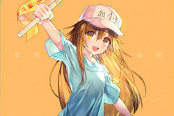 Rule 34 | 10s, 1girl, :d, arm up, bad id, bad pixiv id, blue shirt, blush, brown hair, character name, flag, flat cap, floating hair, hair between eyes, hat, hataraku saibou, holding, holding flag, kh (kh 1128), light particles, long hair, looking at viewer, open mouth, orange background, orange eyes, outstretched arm, platelet (hataraku saibou), round teeth, shirt, short sleeves, sidelocks, simple background, smile, solo, standing, tareme, teeth, upper body, upper teeth only, whistle, white hat