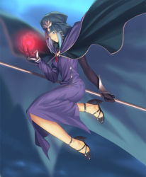 Rule 34 | 1girl, blue eyes, blue hair, cape, medea (fate), dress, energy ball, fate/stay night, fate (series), floating, hat, high heels, long dress, magic, matching hair/eyes, revision, sandals, solo, staff, tsukikanade