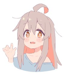 Rule 34 | 1girl, ahoge, blush stickers, brown eyes, brown hair, cropped torso, grey shirt, hair between eyes, hand up, highres, long hair, looking at viewer, meito (maze), off shoulder, onii-chan wa oshimai!, open mouth, oyama mahiro, shirt, simple background, solo, upper body, wavy hair, white background