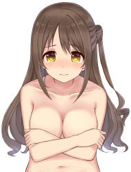 Rule 34 | 10s, 1girl, absurdres, blush, breasts, brown hair, cleavage, collarbone, covering privates, covering breasts, female focus, highres, idolmaster, idolmaster cinderella girls, large breasts, mizukoshi (marumi), navel, nude, shimamura uzuki, simple background, solo, teardrop, upper body, wavy mouth, white background, yellow eyes