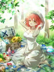 Rule 34 | 1girl, :d, absurdres, bare arms, bare shoulders, barefoot, blue flower, blush, bottle, bracelet, braid, breasts, brown eyes, cleavage, collarbone, commission, cup, danby merong, day, dress, drinking glass, falling leaves, flower, food, fruit, hair between eyes, highres, jewelry, large breasts, leaf, looking at viewer, open mouth, orange hair, original, outdoors, picnic, picnic basket, sitting, sleeveless, sleeveless dress, smile, solo, strawberry, sunflower, tree, white dress, yellow flower, yokozuwari