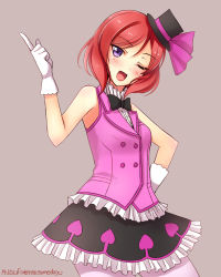 Rule 34 | 10s, 1girl, ;d, blush, bow, bowtie, cowboy shot, dated, gloves, hand on own hip, hat, highres, korekara no someday, looking at viewer, love live!, love live! school idol project, mini hat, mini top hat, nishikino maki, one eye closed, open mouth, pointing, pointing up, purple eyes, red hair, short hair, simple background, skirt, smile, solo, song name, top hat, vest, white gloves, yu-ta