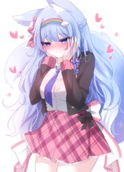 Rule 34 | 1girl, animal ear fluff, animal ears, back bow, black jacket, blue eyes, blue hair, blue necktie, blush, bow, breasts, closed mouth, commentary request, commission, cowboy shot, fox ears, fox girl, fox tail, furrowed brow, hair ribbon, hands on own cheeks, hands on own face, heart, high-waist skirt, highres, honyang, jacket, long bangs, long hair, looking down, medium breasts, necktie, nose blush, open clothes, open jacket, original, plaid, plaid skirt, pleated skirt, rainbow hairband, ribbon, school uniform, shirt, shirt tucked in, simple background, skirt, sleeve cuffs, solo, tail, wavy mouth, white background, white bow, white shirt