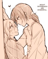 Rule 34 | 2girls, 6 (yuchae), against wall, blush, krista lenz, eye contact, freckles, hard-translated, height difference, licking lips, looking at another, monochrome, multiple girls, ponytail, shingeki no kyojin, simple background, text focus, third-party edit, tongue, tongue out, translated, white background, ymir (shingeki no kyojin), you gonna get raped, yuri
