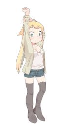 Rule 34 | blonde hair, blue eyes, blush, bow, bowtie, breasts, cleavage, jacket, jeans shorts, leaf hpc, long boots, long hair, long sleeves, stretching, tagme, thighhighs, zettai ryouiki