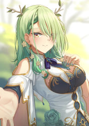Rule 34 | 1girl, absurdres, amulet, antlers, blurry, blurry background, braid, braided bangs, branch, breasts, ceres fauna, dress, earrings, erezu, flower, foreshortening, french braid, green hair, green nails, hair flower, hair ornament, highres, hololive, hololive english, horns, jewelry, leaf, long hair, medium breasts, mole, mole under eye, nail polish, outstretched arm, ribbon, single braid, smile, solo, virtual youtuber, yellow eyes