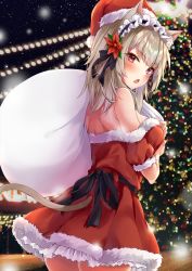 Rule 34 | 1girl, animal ear fluff, animal ears, ass, bag, black ribbon, blush, cat ears, christmas ornaments, christmas tree, commentary request, dress, fang, fur-trimmed dress, fur trim, gift, grey hair, hair between eyes, heterochromia, holding, holding bag, long hair, marisasu (marisa0904), nail polish, night, open mouth, original, outdoors, purple eyes, red dress, red eyes, red nails, ribbon, sack, sidelocks, simple background, skin fang, sky, solo, star (sky), starry sky, strapless, strapless dress, sweatdrop, tube dress