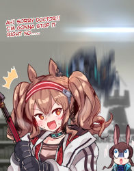 Rule 34 | 1other, 2girls, ^^^, amiya (arknights), angelina (arknights), animal ears, arknights, black choker, black gloves, black jacket, blue eyes, blurry, blurry background, blush, brown eyes, brown hair, choker, commentary, doctor (arknights), english text, fox ears, gloves, hairband, highres, holding, holding staff, hood, hooded jacket, indoors, jacket, long hair, looking up, motion blur, multiple girls, open clothes, open jacket, open mouth, rabbit ears, rayno, red hairband, shirt, staff, translated, turn pale, twintails, upper body, v-shaped eyebrows, white jacket