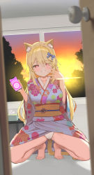 Rule 34 | 1girl, absurdres, animal ear fluff, animal ears, barefoot, blonde hair, blue bow, blue kimono, blush, bow, breasts, cat ears, cat girl, cat tail, cellphone, collarbone, commission, door, doorknob, eyes visible through hair, floral print, grin, hair bow, heart, heart-shaped pupils, highres, holding, holding phone, hypnosis, indoors, japanese clothes, kimono, long hair, looking at viewer, medium breasts, mind control, naughty face, obi, open door, original, phone, red eyes, sash, smartphone, smile, solo, spread legs, squatting, sunset, swept bangs, symbol-shaped pupils, tail, thighs, tissue box, tree, twin (tt lsh), very long hair, window, yukata