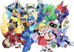 Rule 34 | &gt; &lt;, 1girl, 6+boys, acid man, anniversary, auto (mega man), beat (mega man), blast man, block man, blonde hair, blue eyes, bounce man, clenched teeth, colored sclera, commentary, commentary request, covered mouth, dr. light (mega man), dr. wily (mega man), eddie (mega man), english commentary, everyone, fuse man, grey hair, helmet, impact man, lab coat, mega man (character), mega man (classic), mega man (series), mega man 11, met (mega man), mixed-language commentary, multiple boys, no mouth, red eyes, robot, roll (mega man), rush (mega man), smile, sznami129, teeth, torch man, tundra man, yellow sclera