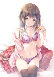 Rule 34 | 1girl, :q, bare arms, bare shoulders, black thighhighs, bra, breasts, brown hair, cleavage, closed mouth, collarbone, cookie, food, green eyes, hair ornament, hairclip, hand up, heart, heart hair ornament, highres, holding, holding food, jacket, lingerie, long hair, long sleeves, looking at viewer, medium breasts, miwabe sakura, navel, non-web source, one side up, original, panties, pink jacket, plaid, purple bra, purple panties, sidelocks, simple background, sitting, smile, solo, stomach, thighhighs, thighs, tongue, tongue out, underwear, very long hair, white background
