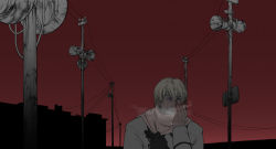 Rule 34 | 00s, 1boy, axis powers hetalia, blonde hair, breath, cityscape, cold, gloves, joanna krotka, male focus, megaphone, monochrome, power lines, purple eyes, red background, red eyes, red sky, russia (hetalia), scarf, sky, solo, spot color, utility pole
